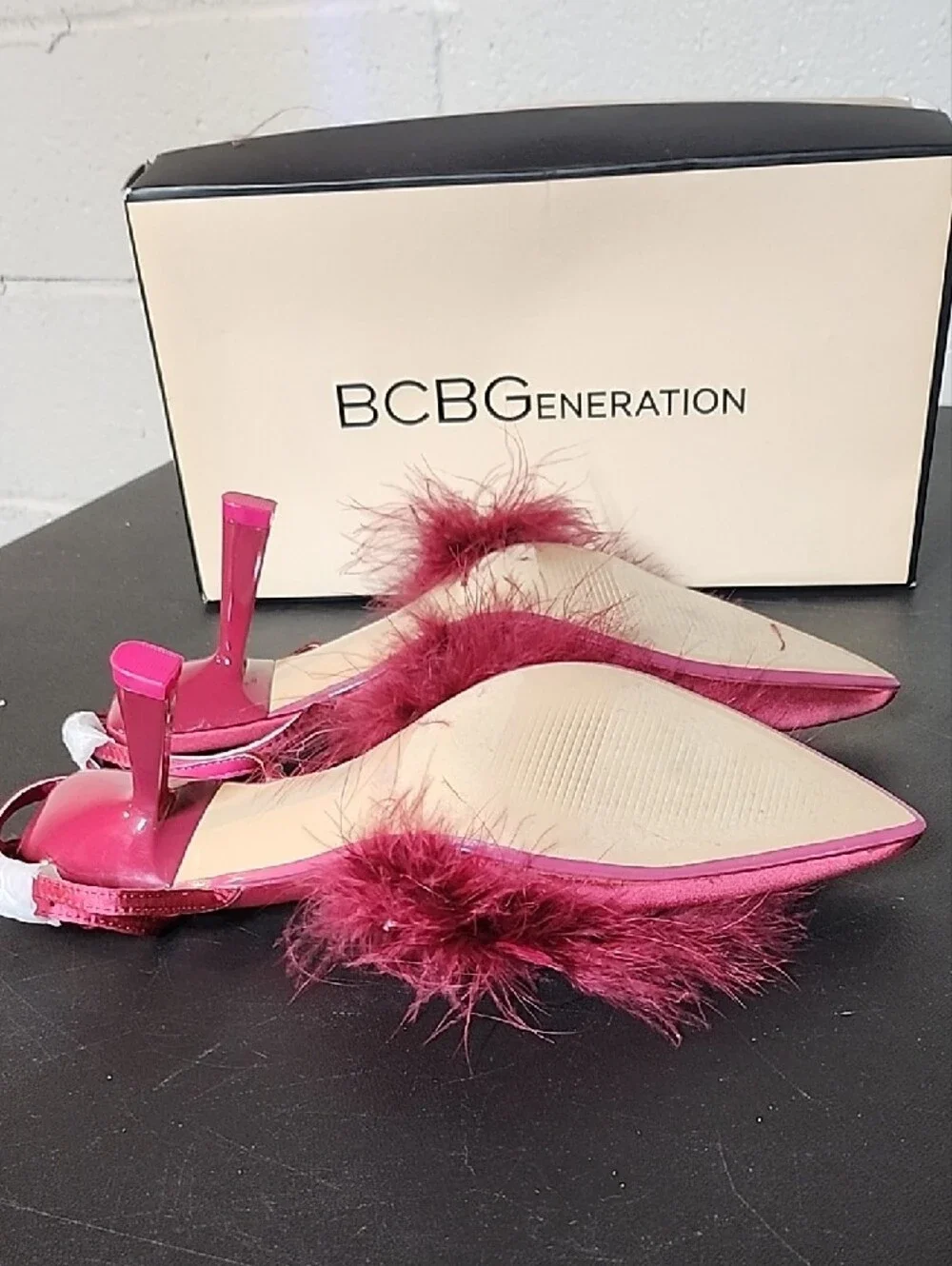 BCBG Iliana Fuchsia Feather Strap Heels